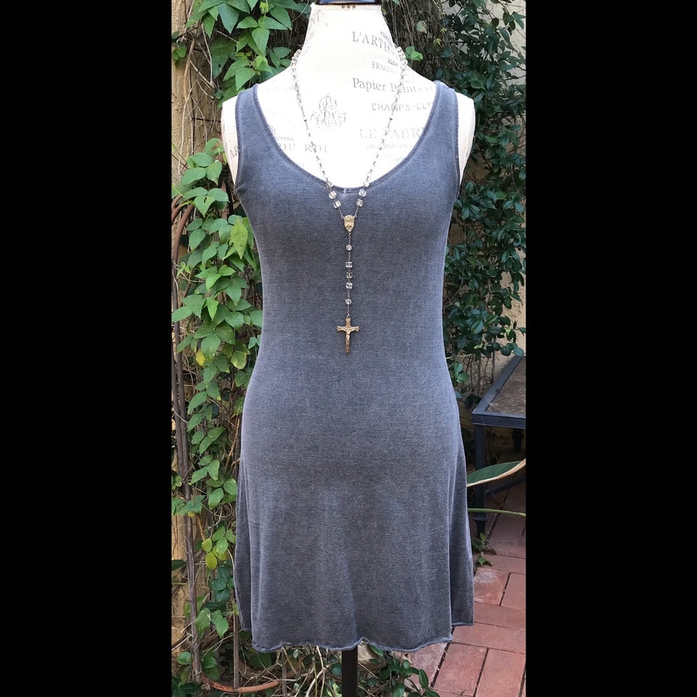 High End Boutique Slate Blue Gray Dress w/ Under-Dress Embroidered Coral Size S - Picture 16 of 16
